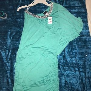 Aqua one shoulder jeweled dress